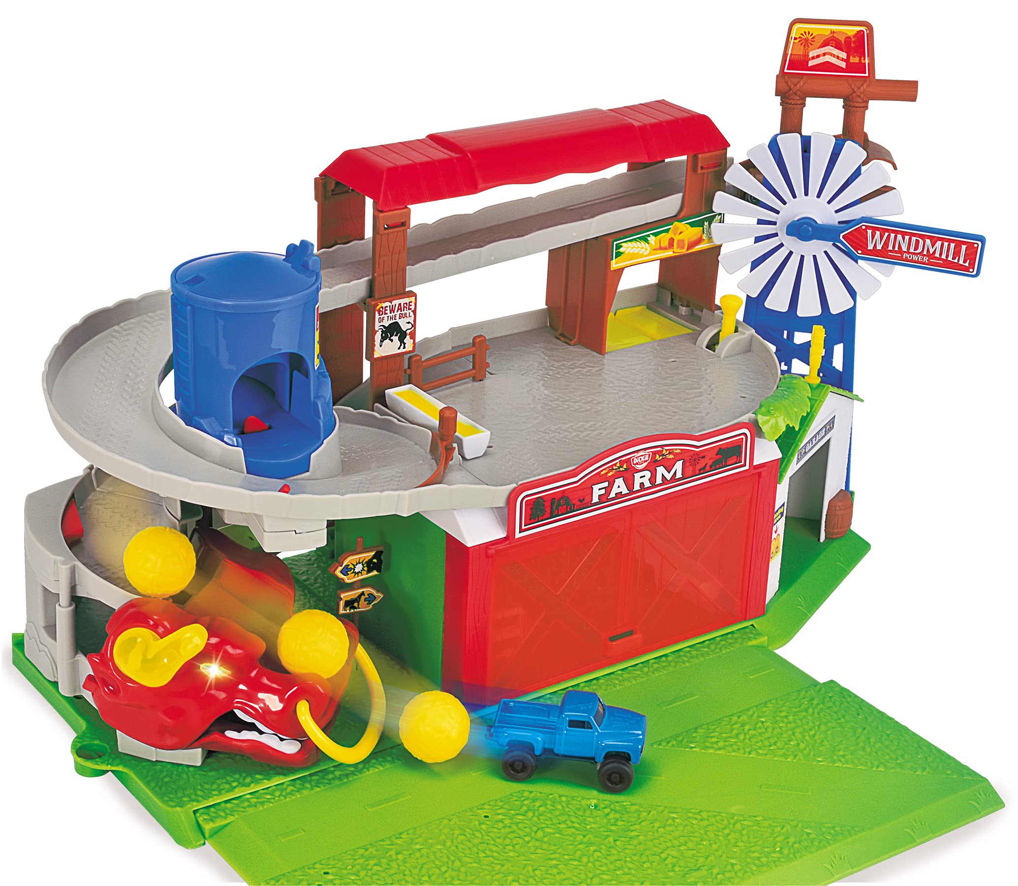 Dickie Toys 203739003 Farm Adventure Parking, Garage, Play Set, Light & Sound, Lift, Includes Animals, Hay Balls, Trap Door, 2 Toy Cars, 18 x 52 x 22.5 cm, for Children from 3 Years