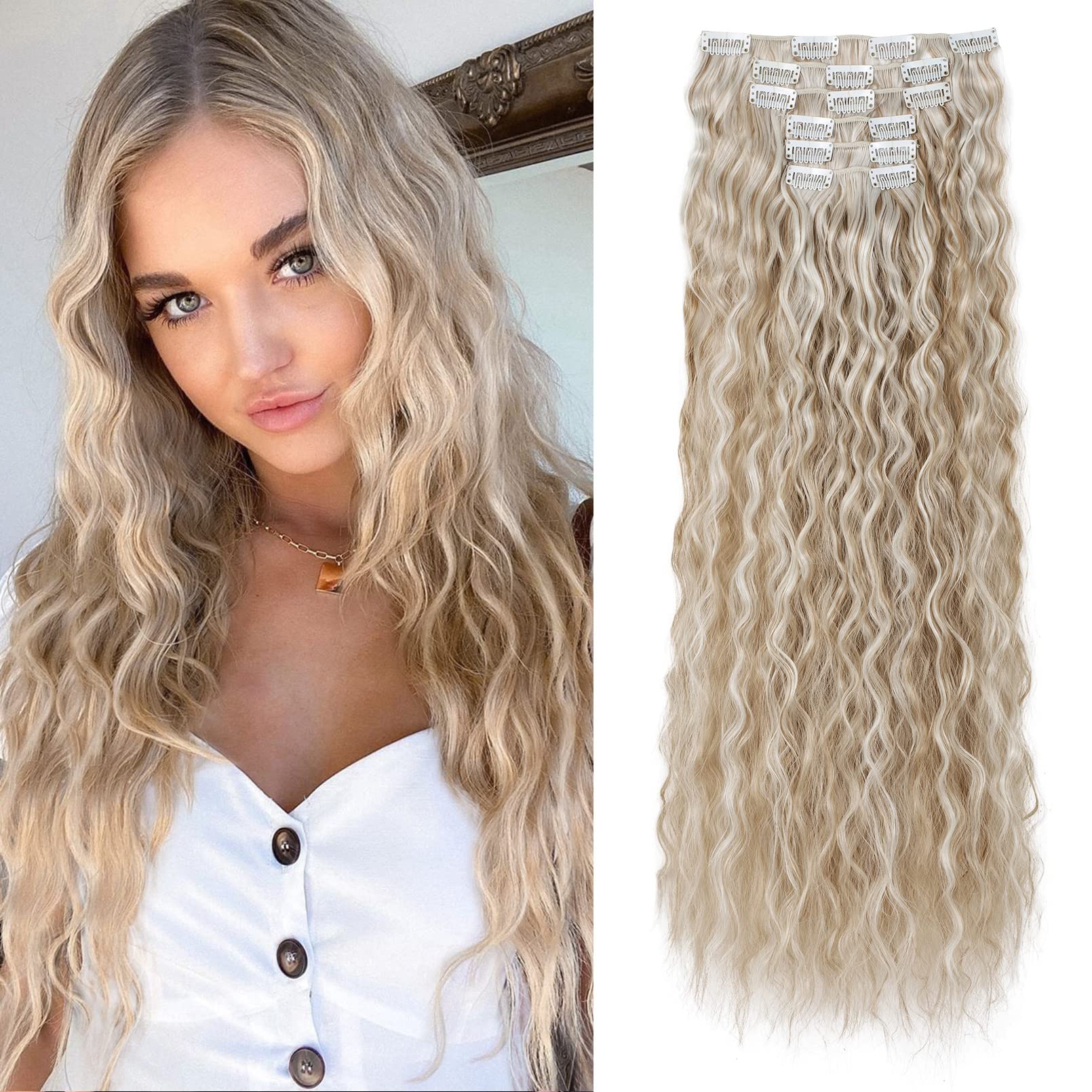 FLUFYMOOZ Clip In Hair Extensions,6PCS Hair Extensions Long Mermaid Waves Wavy Synthetic Clip On Hairpiece For Women 24 Inch (Blonde with White Blonde Highlights)