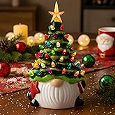 XPSCOCO Ceramic Gnome Christmas Tree, Christmas Decor Indoor with 54 Multi-Colored Lights, Pre-Light Hand-Painted Hoilday Tree with 5-Pointed Star for Tabletop Decorative Xmas Decorations