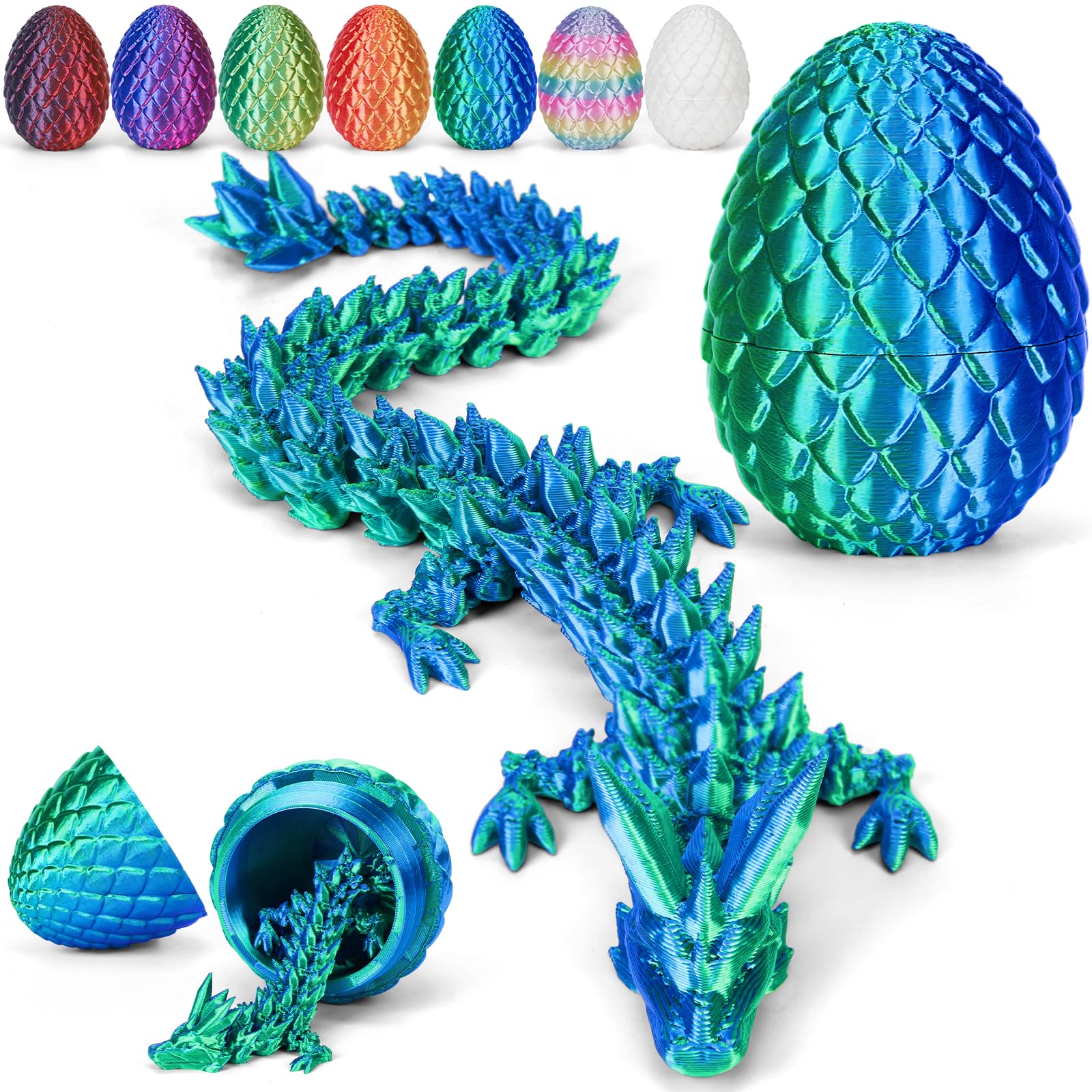Merrwon 3D Printed Dragon Egg with Dragon (28.5cm) Inside, 3D Printed Articulated Crystal Animals Easter Toys & Decor, Unique Easter Gift for Kids, Teens, Adults, Collectors, Laser Dark Green