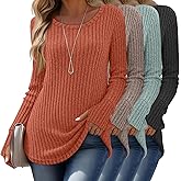Velvelhall 4 Pack Women's Long Sleeve Sweaters with Thumb Holes Crew Neck Tunic Tops Fall Loose Fit Shirts Ribbed Curved Hem