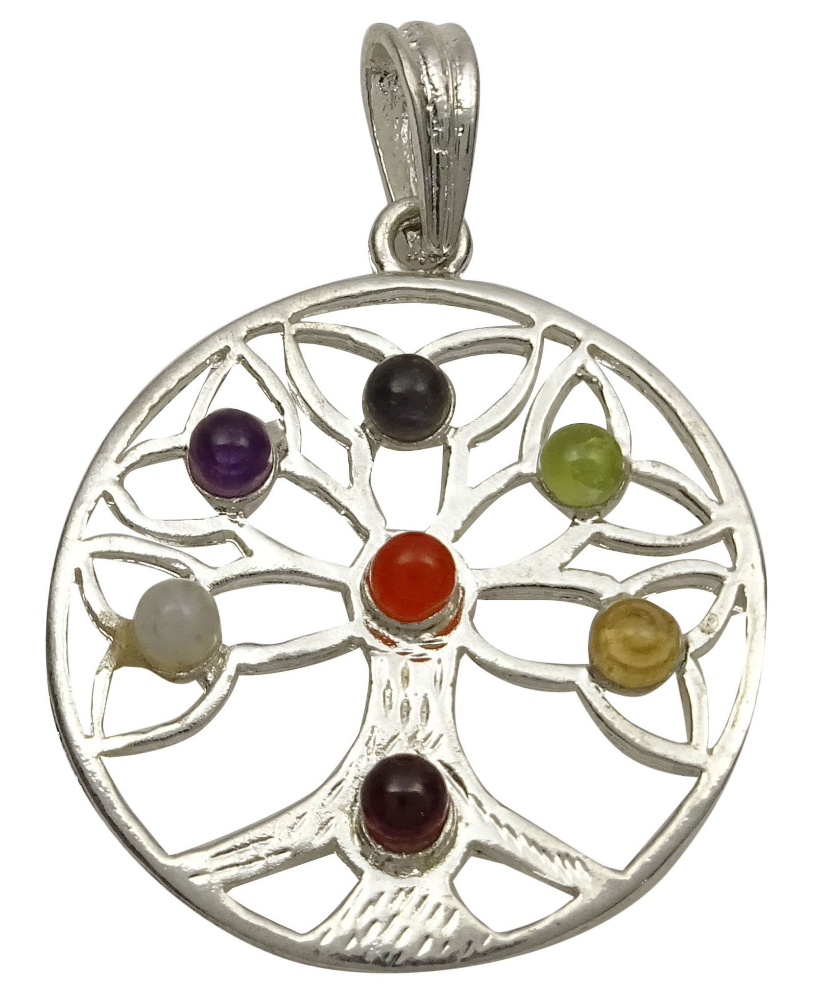 Harmonize Silver Tone Tree Of Life 7 Chakra Pendant Reiki Healing Stone Spiritual Gemstones