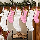 Celltestria 6pcs Knitted Christmas Stockings Decoration, 18Inch 15inch Cream White Pink Large Cable Xmas Stocking Personalized Hanging Knit Stocking's with Name Tags for Family Farmhouse Holiday Decor