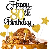 ZHIHUI 7pc Happy 80th Birthday Cake Toppers Black Gold Glitter Cupcake Party