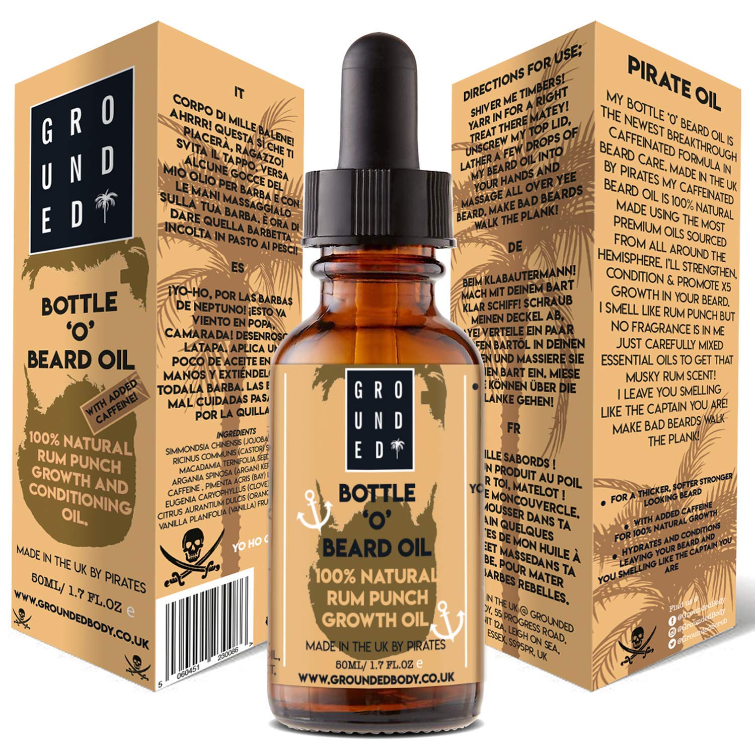 Grounded Bottle 'O' Beard Oil - 50ml Large | 100% Natural Rum Punch Essential Oil Scent | Premium Caffeinated Growth & Conditioning For Thicker, Softer & Stronger Looking Hair | Serum Kit For Men