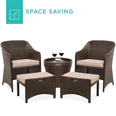Best Choice Products 5 Piece Outdoor Wicker Patio Bistro Space Saving Furniture W Storage Table No Assembly Brown Amazon In Garden Outdoors