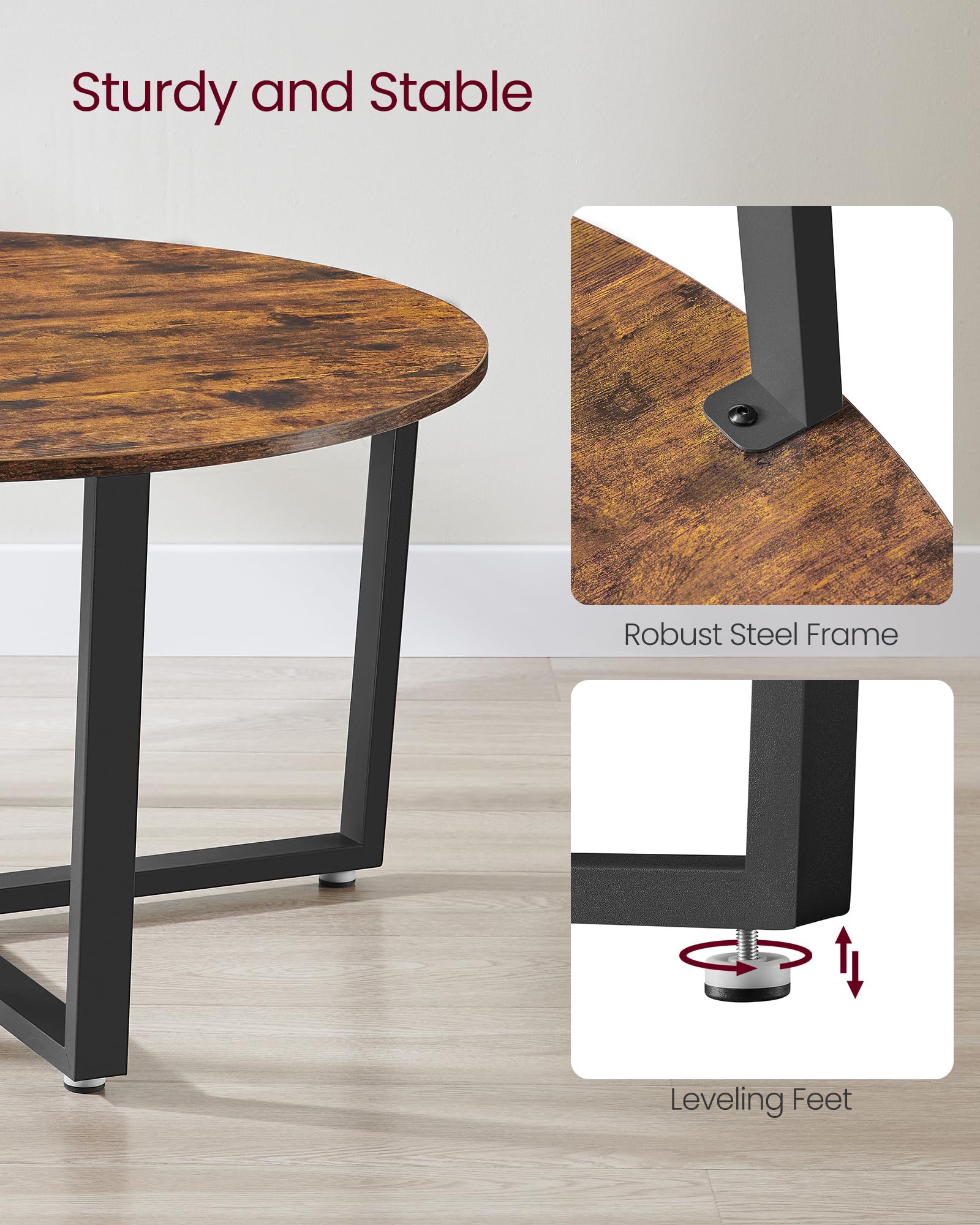 VASAGLE ALINRU Round Coffee Table, Industrial Style Cocktail Table, Durable Metal Frame, Easy to Assemble, for Living Room, Rustic Brown ULCT88X 39.4 x 21.7 x 17.7 Inches