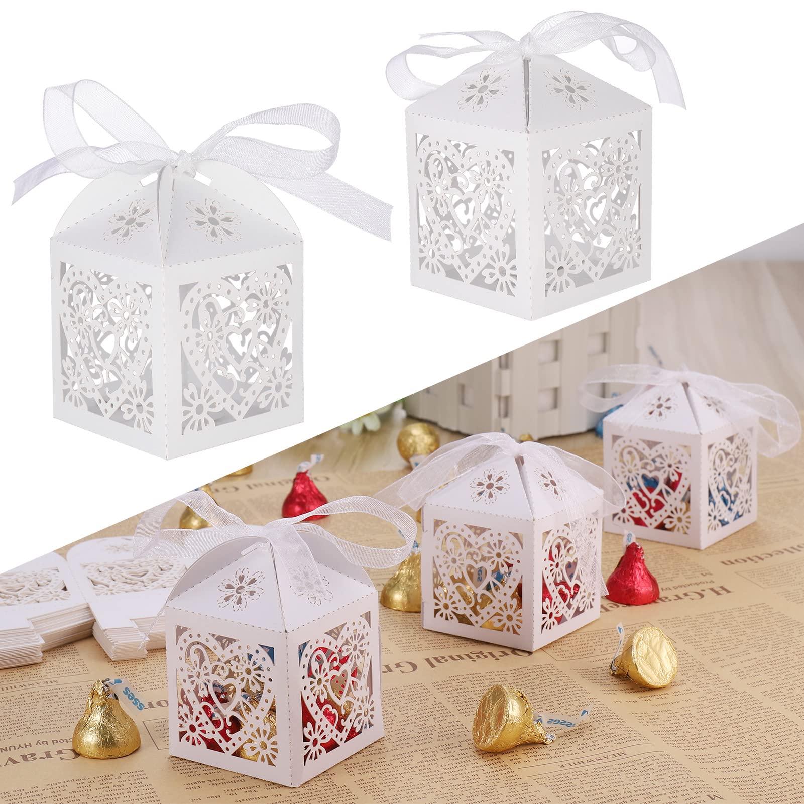 50 Pcs Wedding Favour Boxes, Carved Hollow Small Gift Box for Personalised Sweets, White Favour Boxes with Ribbon, Wedding Favours Box for Guests Party Decoration Hold Candy Chocolate(5x5x7cm)