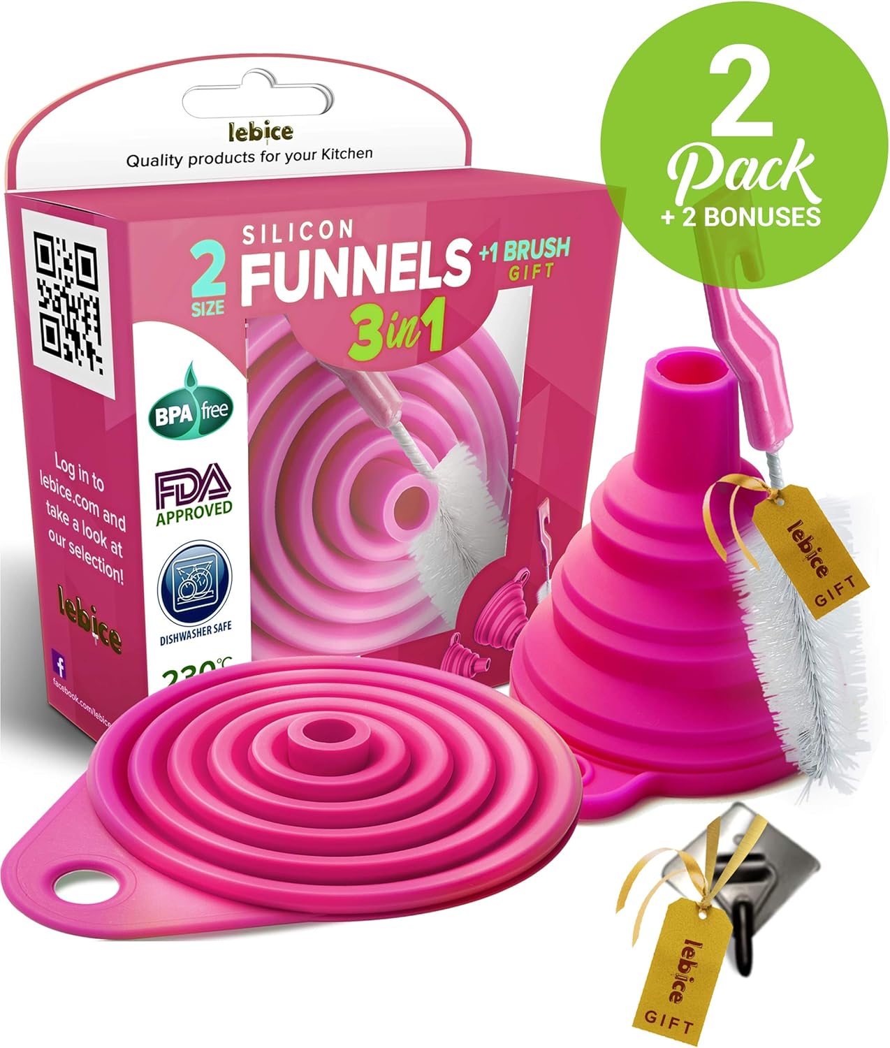 Kitchen Collapsible, Flexible Silicone Funnels, Large And Small Funnel Set, For Oil, Food And Water Bottels, BPA-Free + Brush, Hook and Recipes E-Book | By Lebice