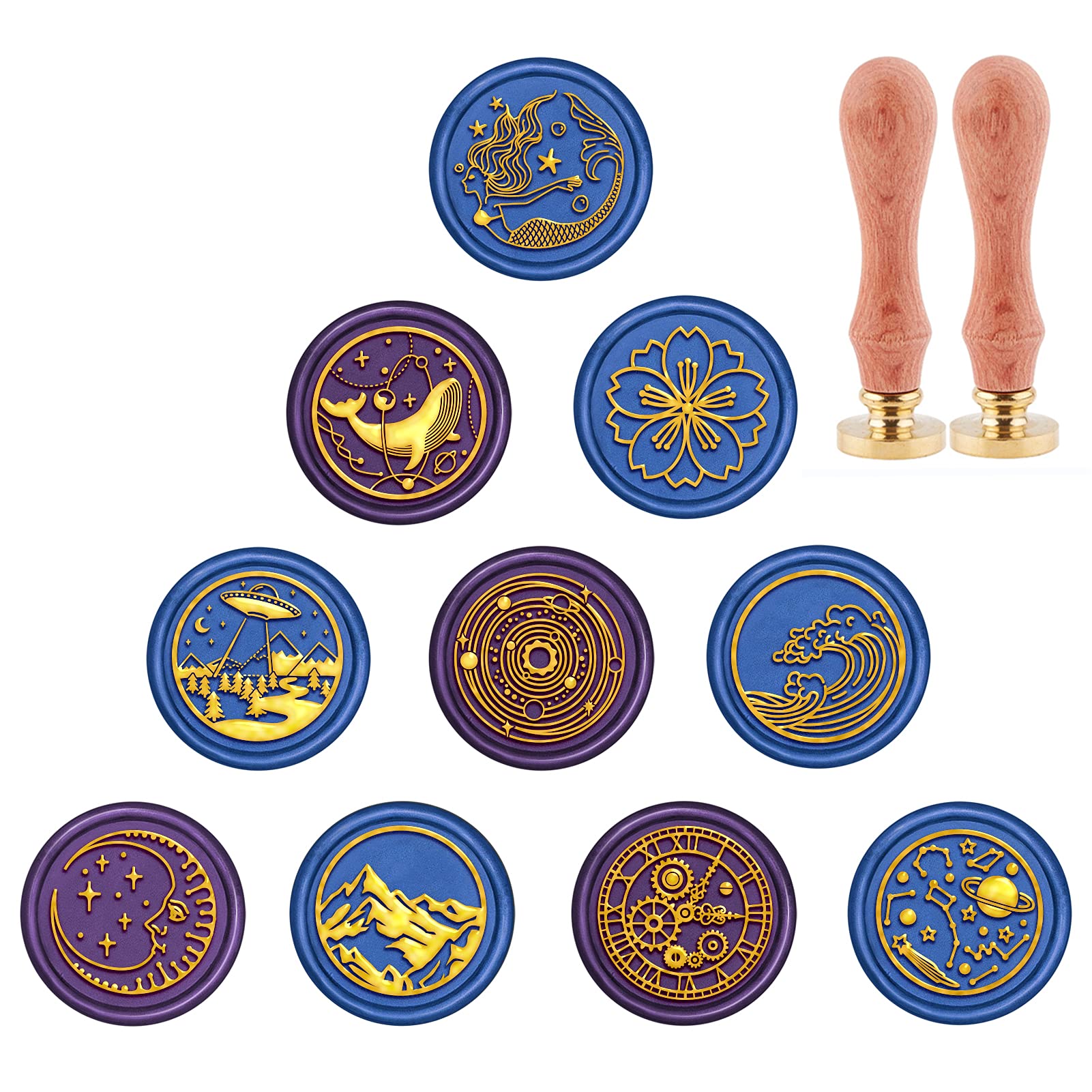 CRASPIRE Sealing Wax Stamp Set, Wax Seal Stamp Set Universe Theme 10Pcs Brass Head 2Pcs Wooden Handle Retro Stamp for Wedding Invitations Gift Packing Cards Letters Envelopes Wine Packages