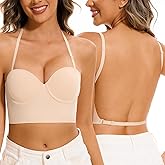 Low Back Bras for Women-Lightly Lined Seamless Invisible Backless Bra-Underwire Balconette Multiway Low Cut Halter Bras