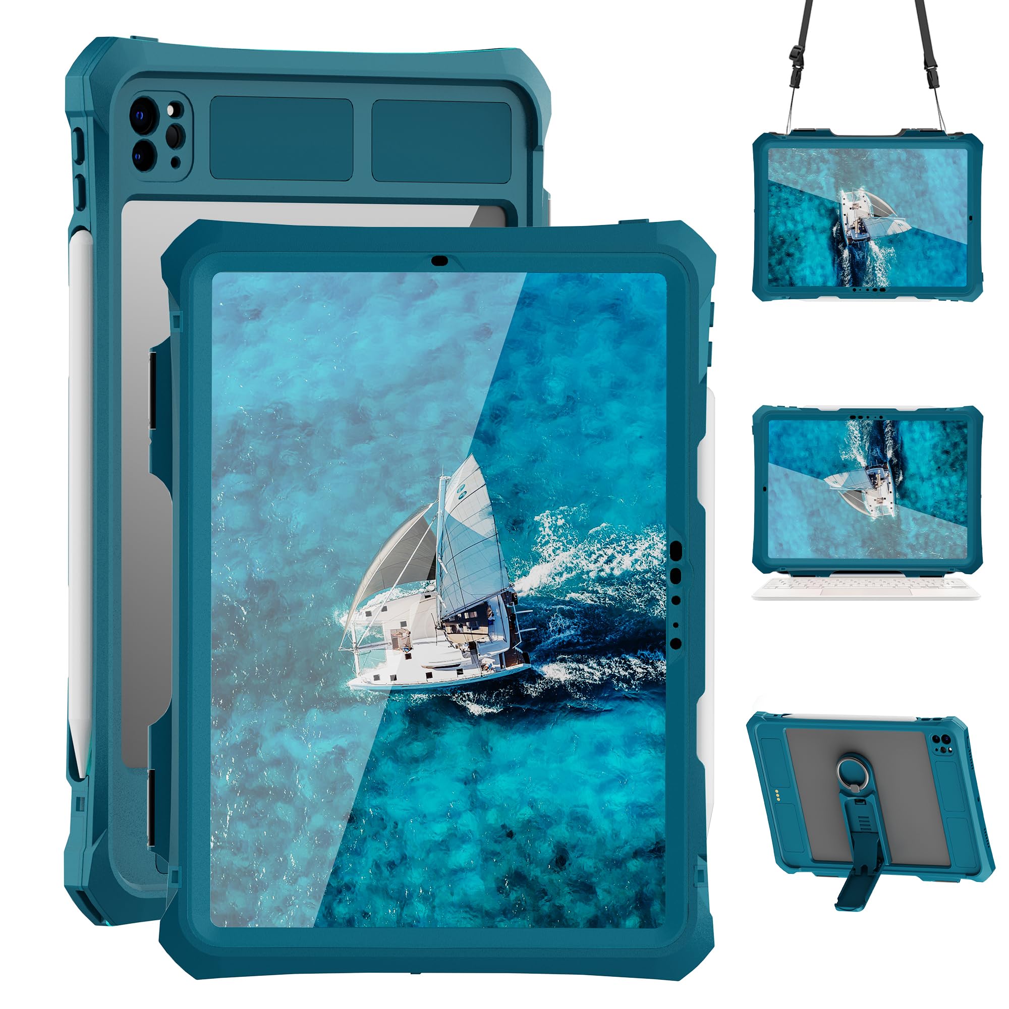 Photo 1 of Compatible with iPad Pro 11 inch M4 2024 Waterproof Case,360 Protective Military Drop-Proof,with Strap Stand,Clear Screen Protector,Built-in Pencil Holder for iPad pro 11 2024 Cover-Teal