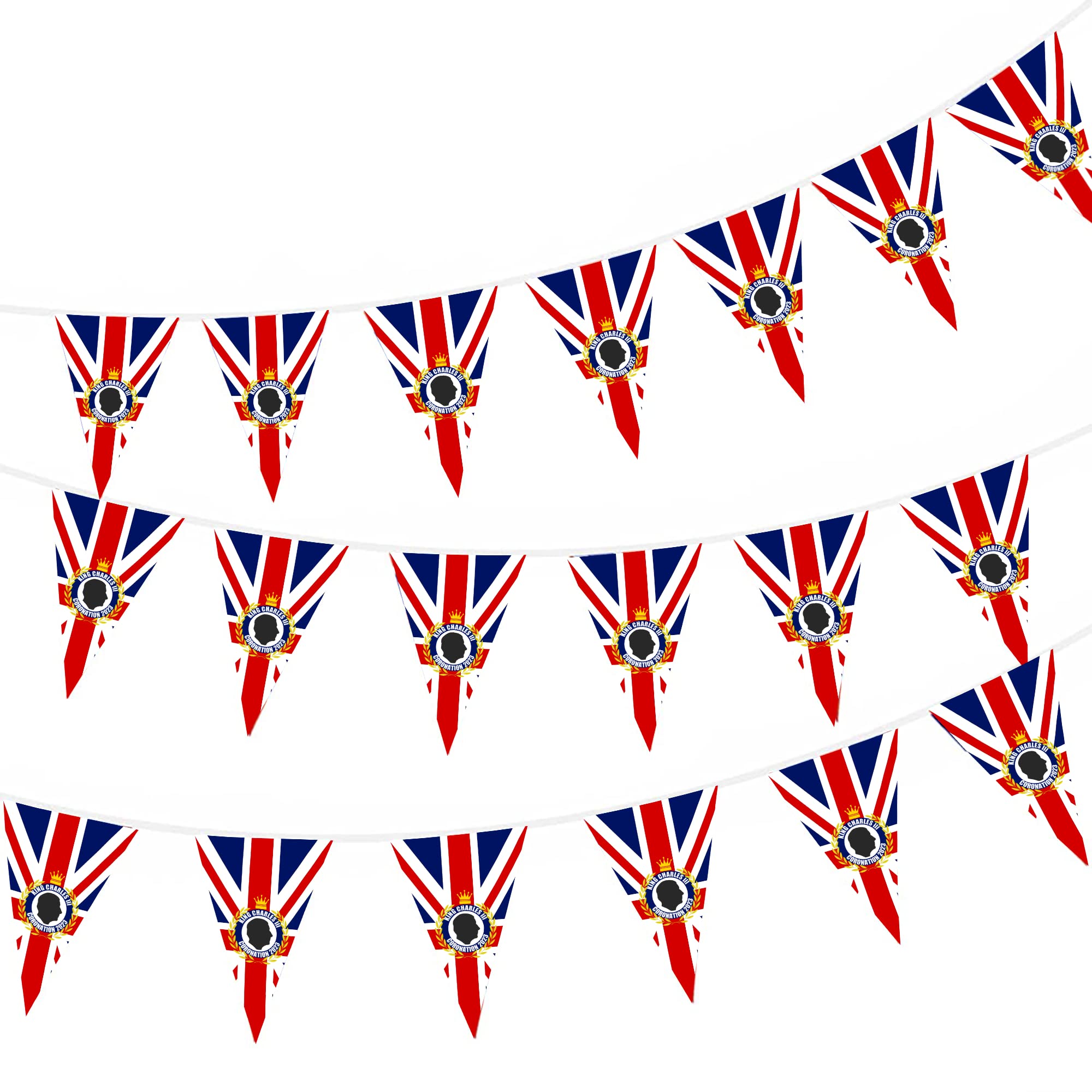 King Charles III Banner with 6m/20ft 24 Union Jack Bunting Triangle Flags New King British String Bunting for His Majestys Royal Coronation Royal Events Street Party Decorations Great Britain Support