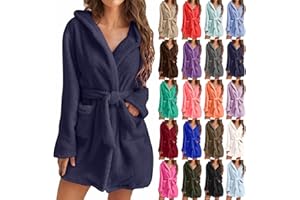HUILAIBAZO Womens Fuzzy Robe Mid Length Bathrobe Belted Soft Bath Robes Plush Kimono Robe with Pockets Fall Winter Spa Robes