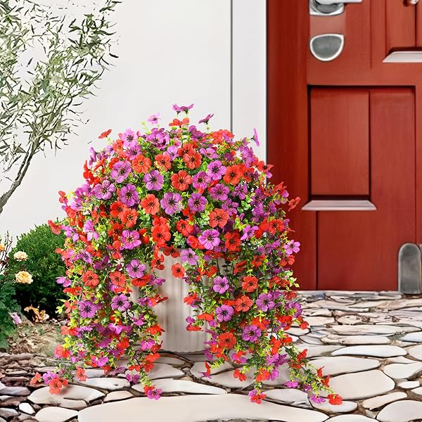 ZFPROCESS ARTIFICIAL HANGING FLOWERS PLANTS FOR OUTDOOR SPRING SUMMER DECORATION,2PCS FAUX SILK DAISY UV RESISTANT LOOK REAL FOR OUTSIDE HOME INDOOR PLANTER PORCH WINDOW YARD DECOR(RED PURPLE)