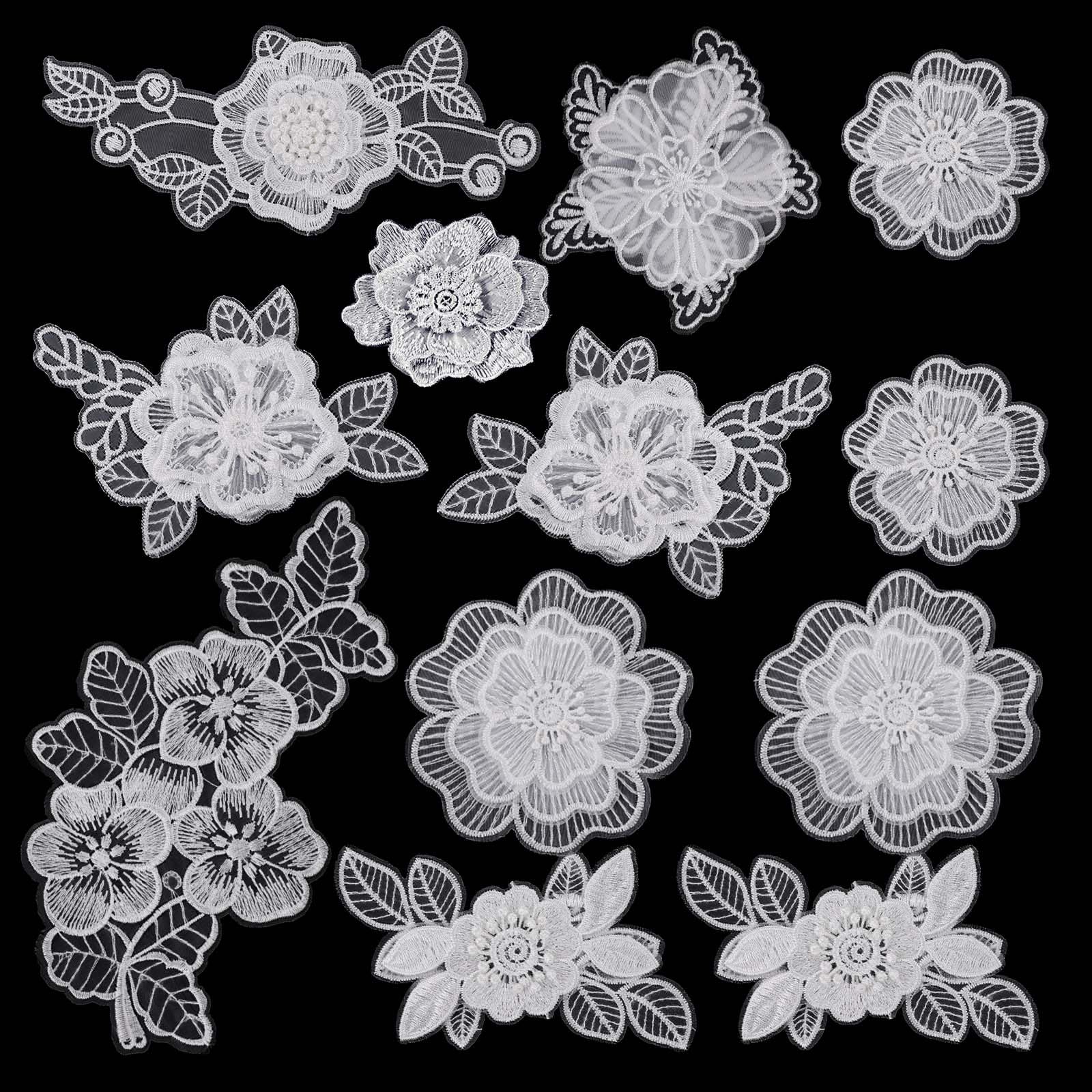 Photo 1 of 12 PCS Flower Applique White Lace Embroidered Flower Patches for Clothes 3D Floral Sew On Patches for Women's Dress Jeans Sweater Hats Shoes Bags Clothes Repairing Decorating Wedding DIY Sewing Craft