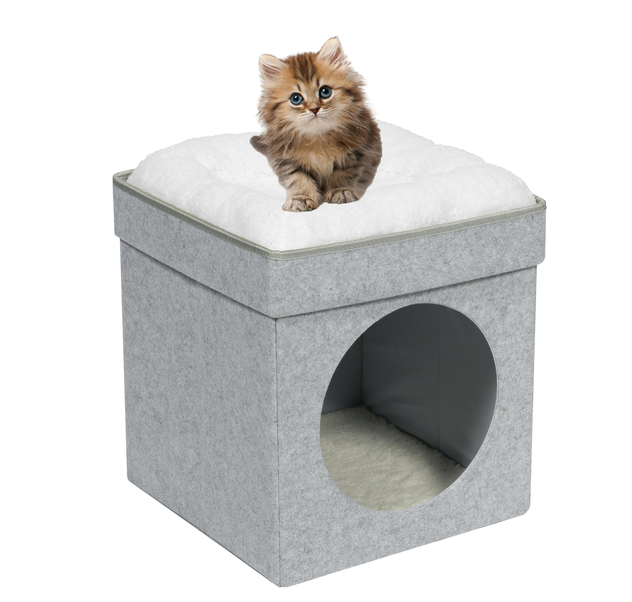 Bonlife Foldable Large Cat Beds for Indoor,Cat Tent Bed House with Two Removable Cushion,Warm Comfortable Semi-Enclosed Hideaway,White,32X32X39CM