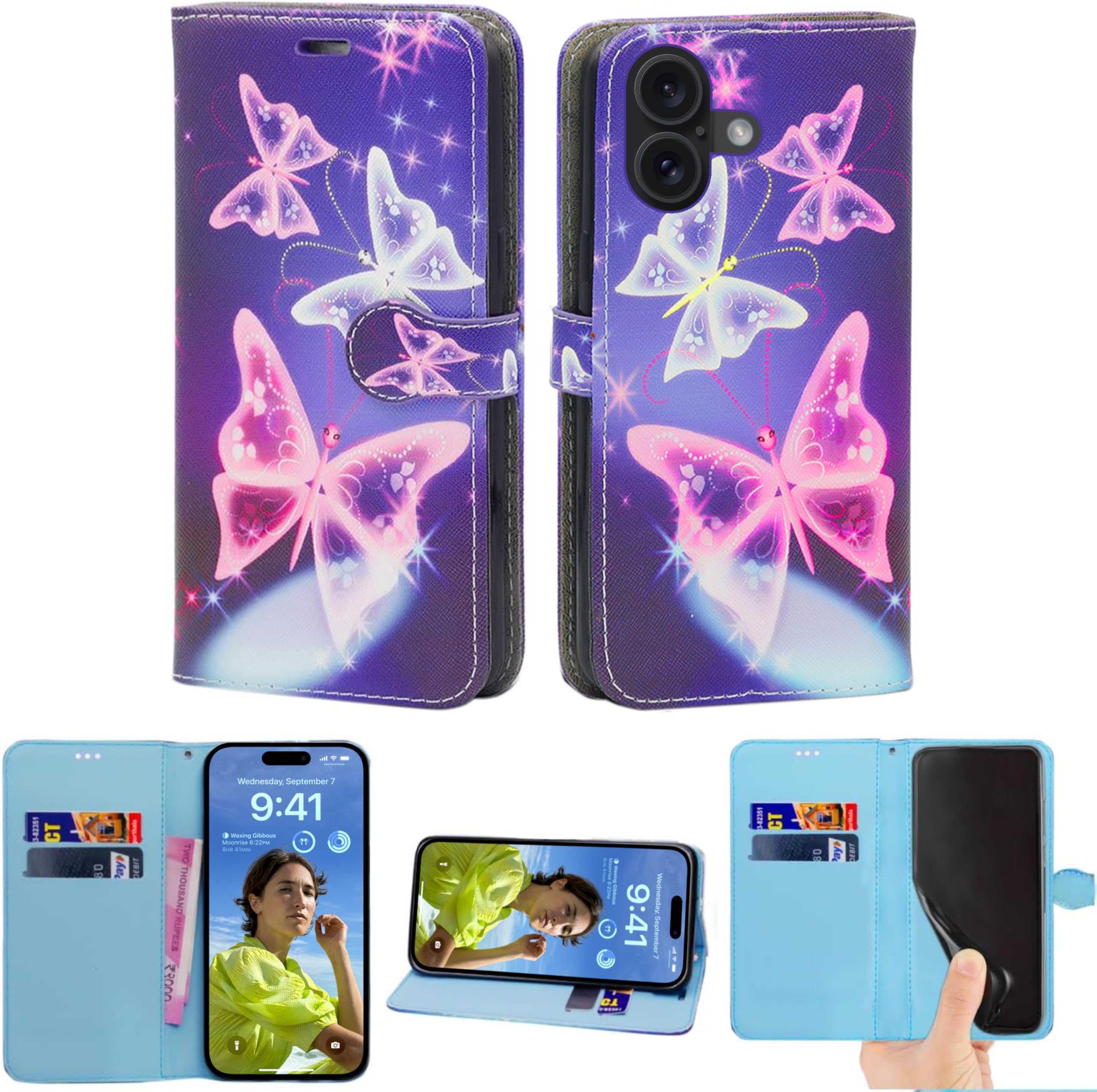 EKAM PU Leather Case for iPhone 16 6.1-Inch, Premium PU Leather Wallet Case Flip Phone Cover with [Card Holder][TPU Inner Shell] for iPhone 16 2024 (Butterfly Blue)