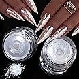 2Pcs White Pearl Chrome Nail Powder Super Glossy Metallic Mirror Effect, White Moonlight Unicorn Chrome Powder for Nails, Mermaid Glitter Pigment Powder for Gel Nail Polish Design 0.5g/Jar