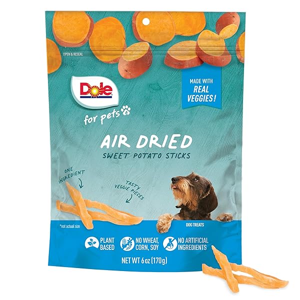 DOLE FOR PETS AIR DRIED SWEET POTATO DOG TREATS, SINGLE INGREDIENT DOG TREATS MADE WITH REAL SWEET POTATO, NO WHEAT, CORN, SOY, ARTIFICIAL FLAVORS, COLORS, OR PRESERVATIVES, 6 OZ