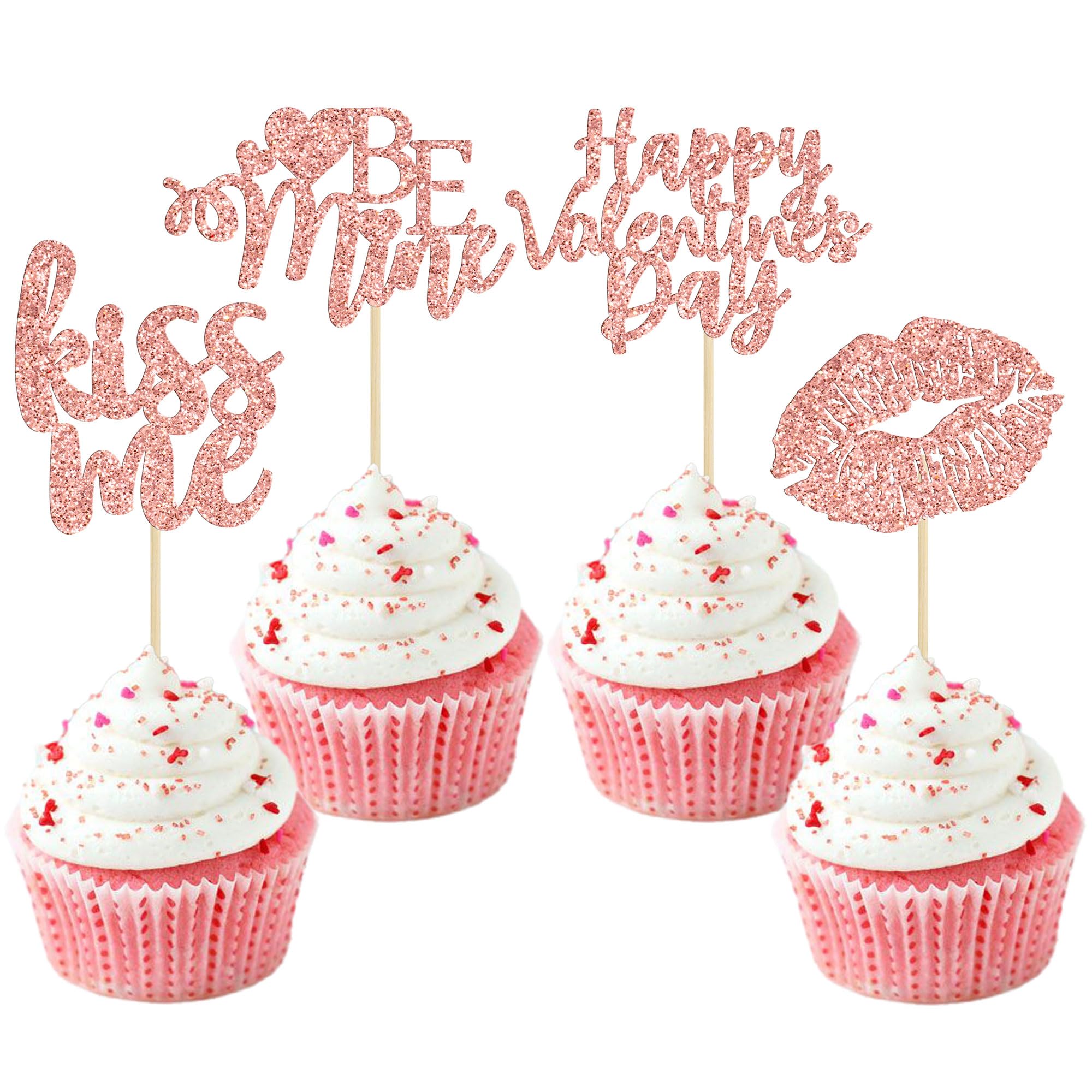 Gyufise 24Pcs Rose Gold Glitter Valentine's Day Cupcake Toppers Be Mine Kiss Me Lipstick Cupcake Picks for Valentine Theme Sweet Love Theme Wedding Engagement Bridal Shower Party Cake Decorations