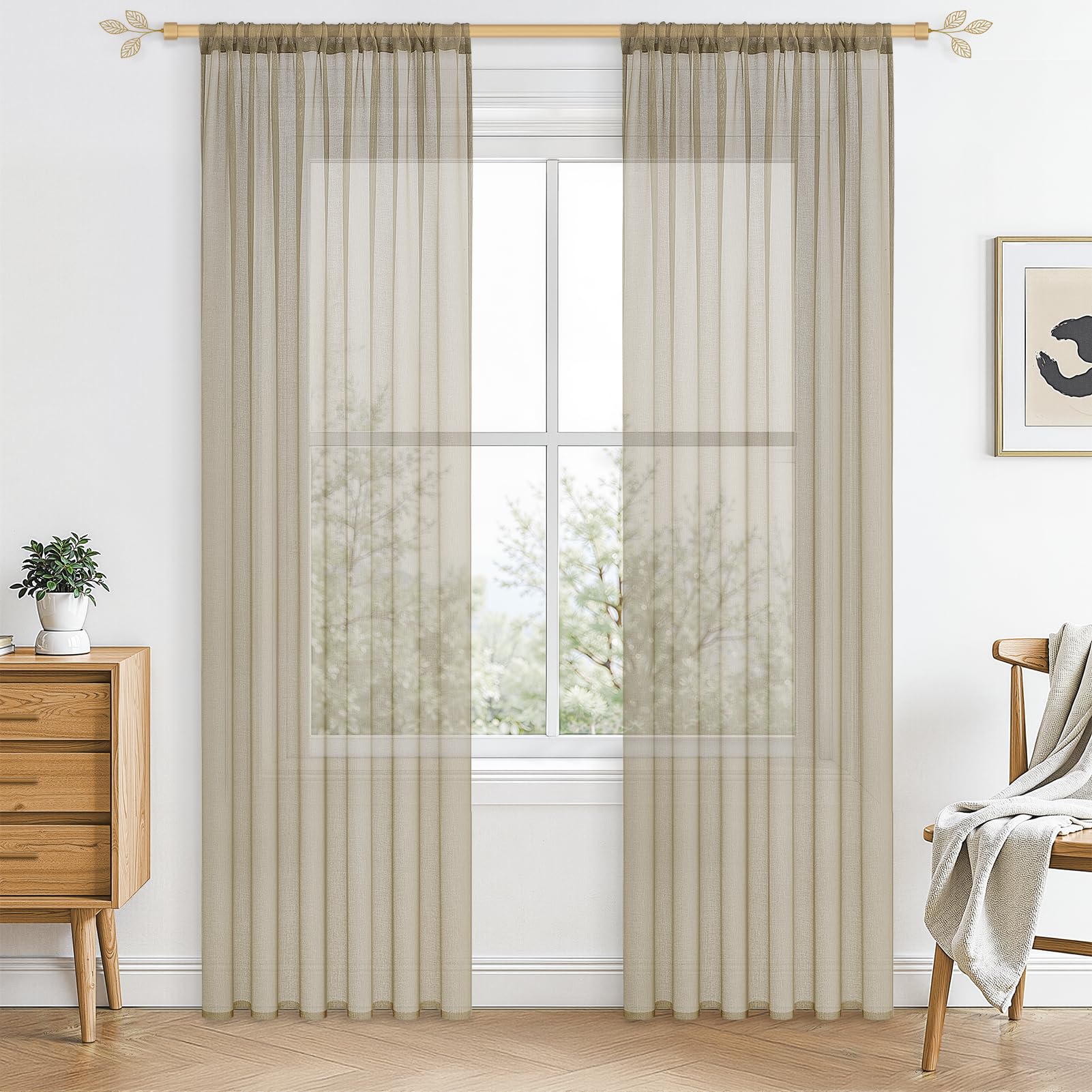 CUTEWIND Pair of Beige/Ivory/Cream Drop Sheer Curtains 84 Inch Length Voile Top Curtains for Warm Cafe Window Bedroom Living Room Balcony Nursery Decor Rod Pocket 2 Panels(Beige,55" x 84")