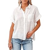 Shebote Womens Short Sleeve Cotton Button Down Up Shirt Collared V Neck Tops Shirts Blouses Dress for Women Western Wear