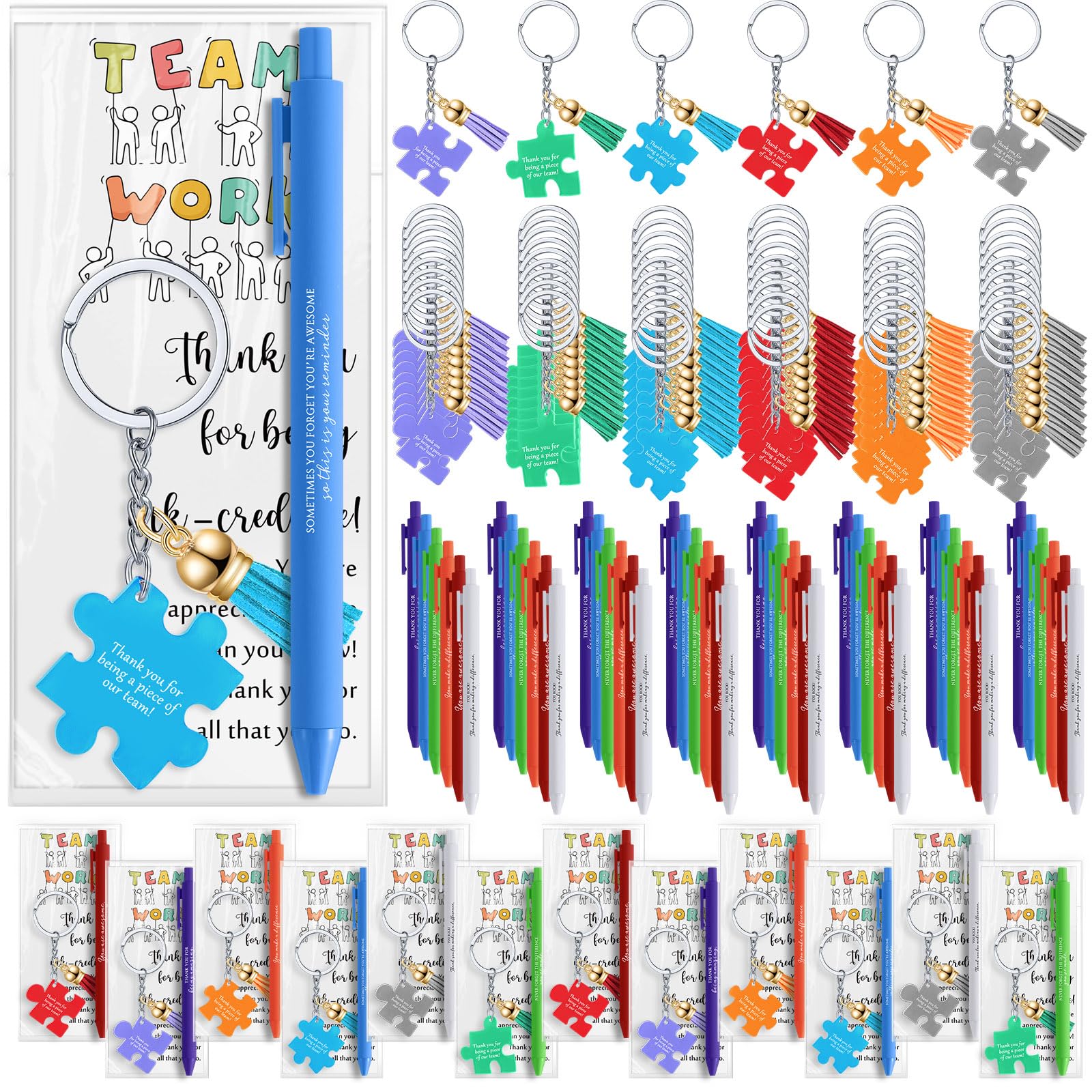 Photo 1 of ***MISSING PIECES*** ***READ CLERK NOTES*** Sayglossy 50 Set Christmas Team Appreciation Gifts for Employee Coworker School Staff Teacher Nurse Bulk Inspirational Pens & Positive Puzzle Piece Keychains & Thank You Cards