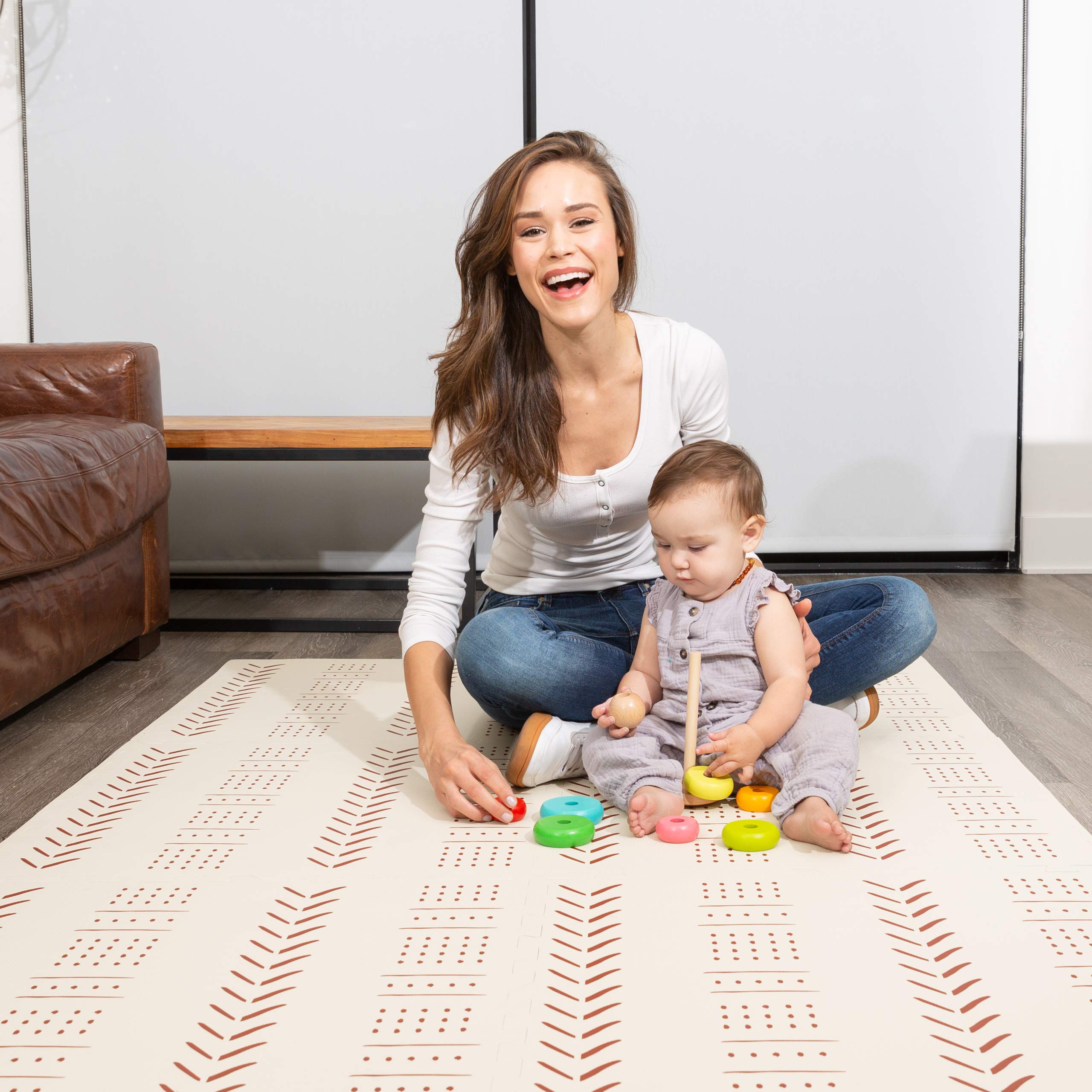 Childlike Behavior Baby Play Mat - Extra Large, Thick, Non-Toxic Foam Play Mat with Soft Interlocking Floor Tiles 72x48 Inches - Baby Floor Mat for Infants, Toddlers and Kids (Mudcloth - Beige)