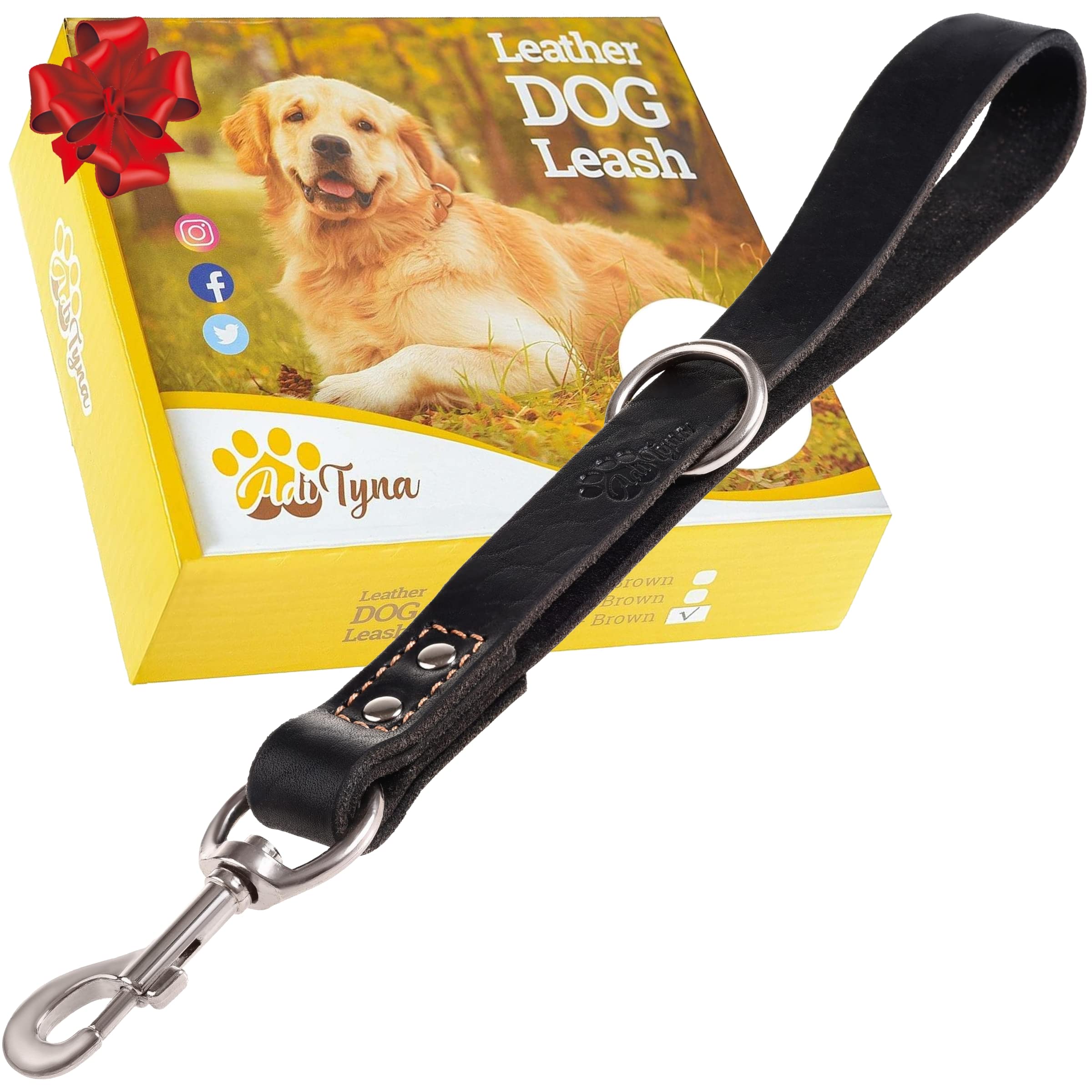ADITYNA Short Black Leather Dog Leash, 12" Length x 1" Wide, Perfect for Large Dogs