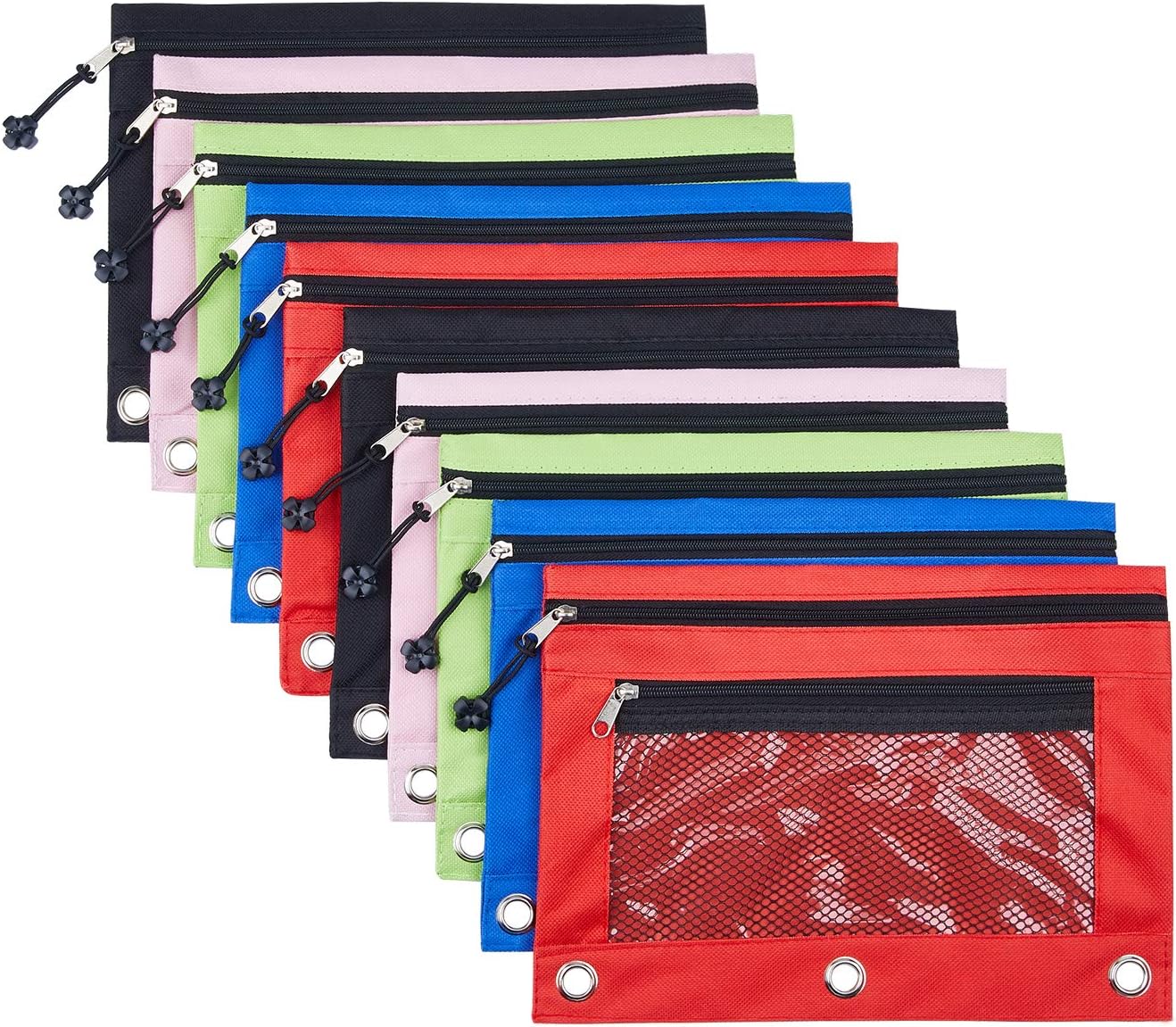 Binder Pencil Pouch with Zipper, 3 Ring Pencil Pouch Case with Double Pocket and Mesh Window