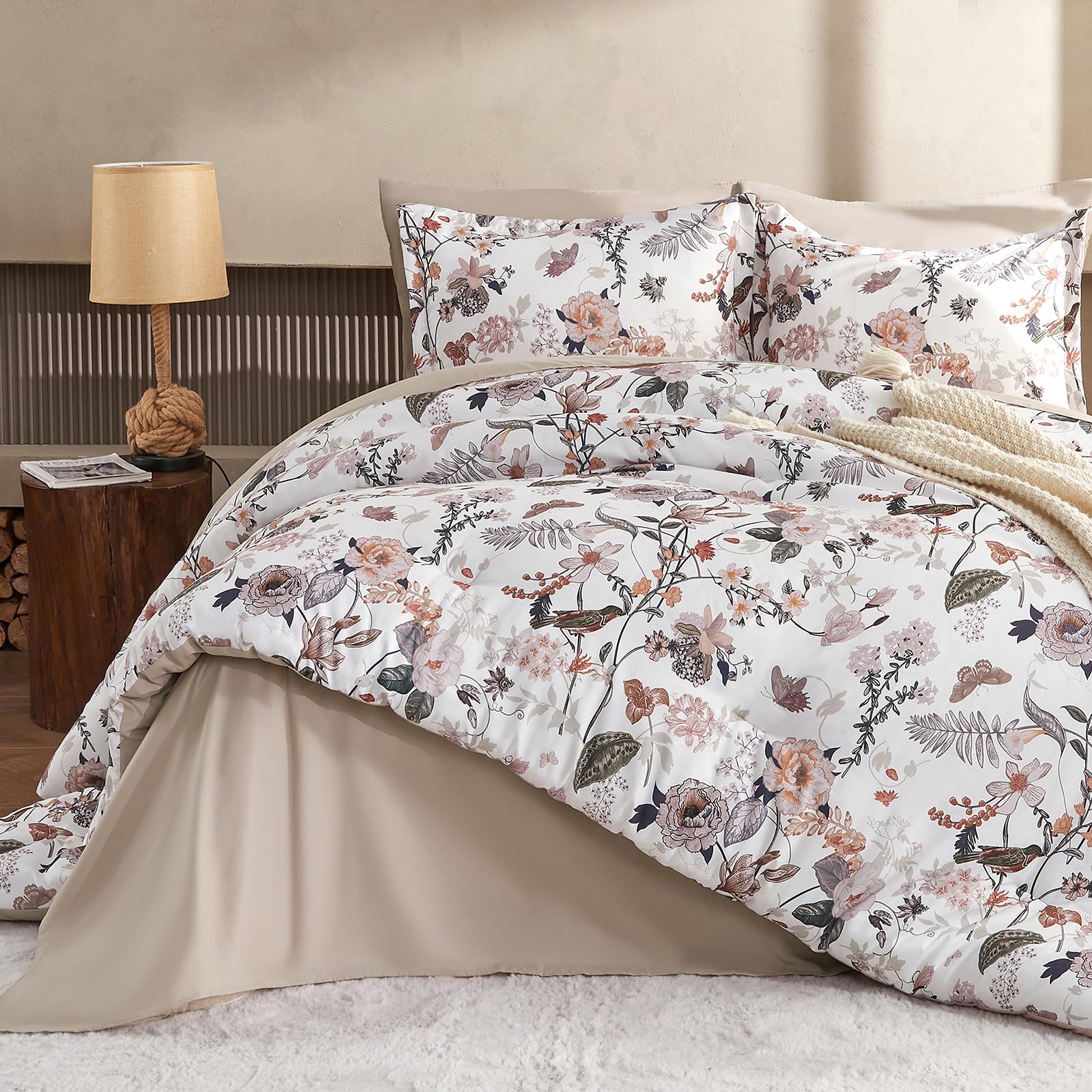 Photo 1 of 7 Piece King Comforter Set, Dusty Pink Butterfly Floral Comforter Set with Flowers Leaves Pattern, Soft Microfiber Complete Bedding Set for All Season(Dusty Pink, King)