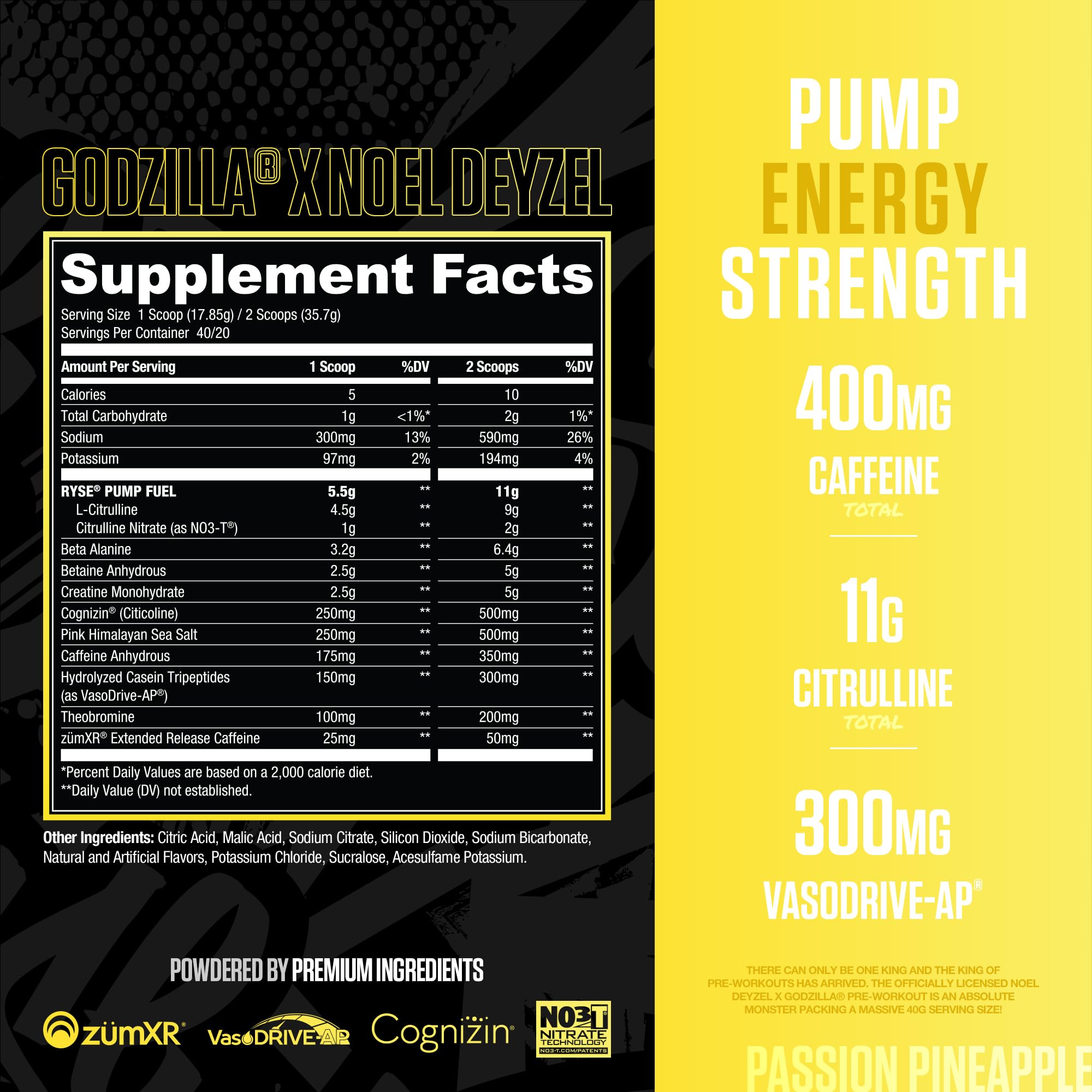 RYSE Godzilla X Noel Deyzel Pre Workout Powder - Passion Pineapple - 400mg Caffeine, High Stim Pre-Workout for Men & Women with Citrulline & Beta Alanine - Energy, Pump & Focus - 20/40 Servings
