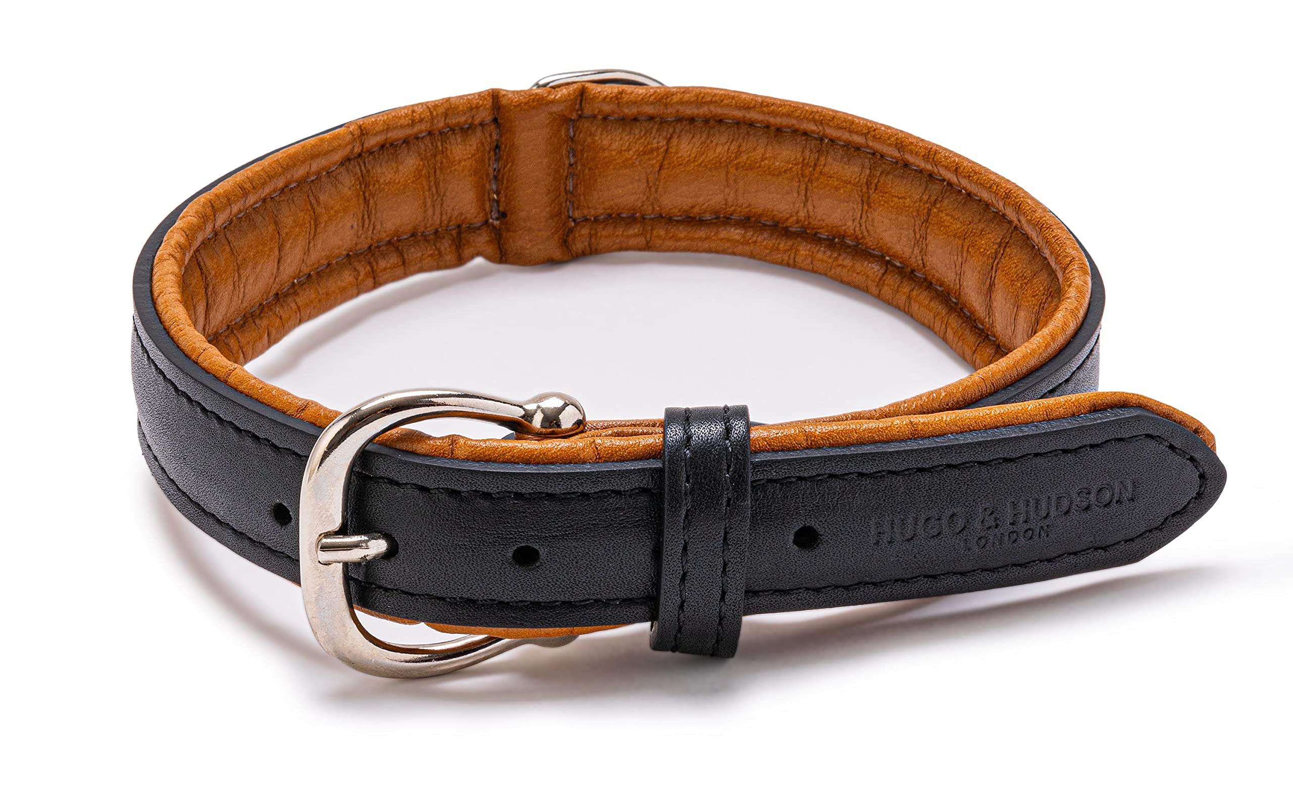 HUGO & HUDSON Luxury Dog Collar, Black and Brown Padded Leather with Adjustable Metal Buckle, 40cm