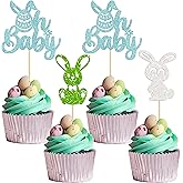 Gyufise 24Pcs Easter Oh Baby Cupcake Toppers Blue Glitter Bunny Happy Easter Cupcake Picks For Bunny Easter Theme Kids Birthday Babyshower Party Decorations