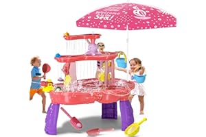 maysida Sand and Water Table Toys for Toddlers with Umbrella, 3-Tier Kids Sensory Table, Rain Showers Splash Pond, Outdoor Interactive Beach&Sand Toys for Kids 3-5, Girls&Boys Gifts, Purple & Pink