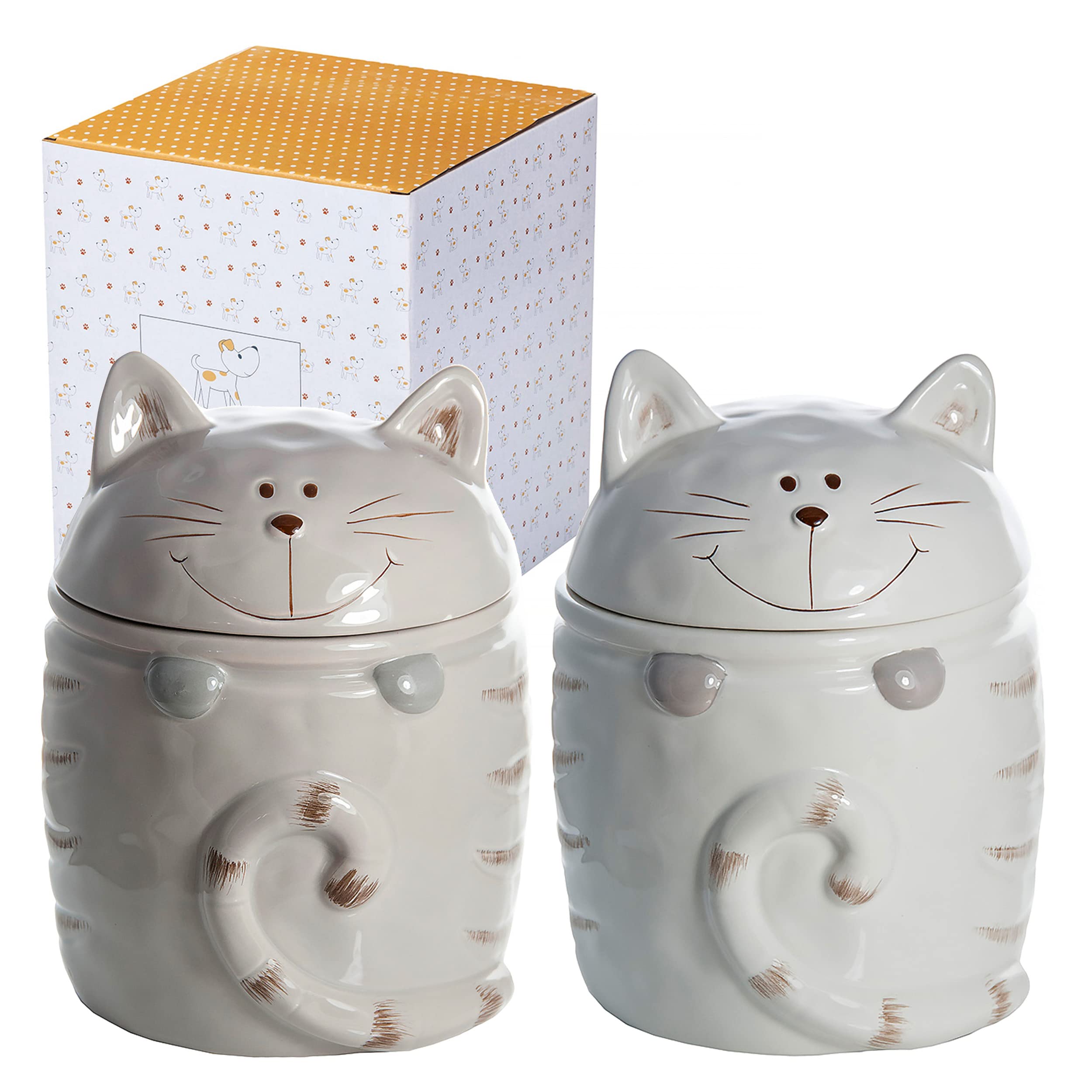 SPOTTED DOG GIFT COMPANY Ceramic Storage Jars with Lids, Set of 2 Kitchen Canisters for Food Tea Coffee Sugar Treats, Cute Cat Themed Accessories, Cat Gifts for Women Men (Mink Grey, White)
