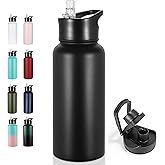 VEGOND 32 oz Insulated Water Bottle Stainless Steel Metal Water Bottles with Leak Proof Straw Lid & Spout Lid, Wide Mouth Double Walled Vacuum Travel Sports Bottle, Black