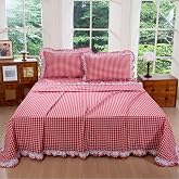 FADFAY 100% Washed Cotton Queen Sheet Set, Red Gingham Ruffle, 4 Pieces | Soft &amp; Breathable Bed Sheets, Linen-Like Texture, Deep Pocket, Gingham Sheet Set with Ruffled, Farmhouse Cottage