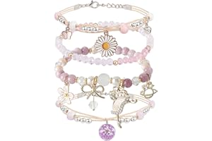 DS 4PCS Beaded Charm Bracelets for Teen Girls Dainty cute cartoon Crystal Beads Pearl Bracelets anklets set for woman and girls Adjustable Stretch bracelet birthday Gift For Friends