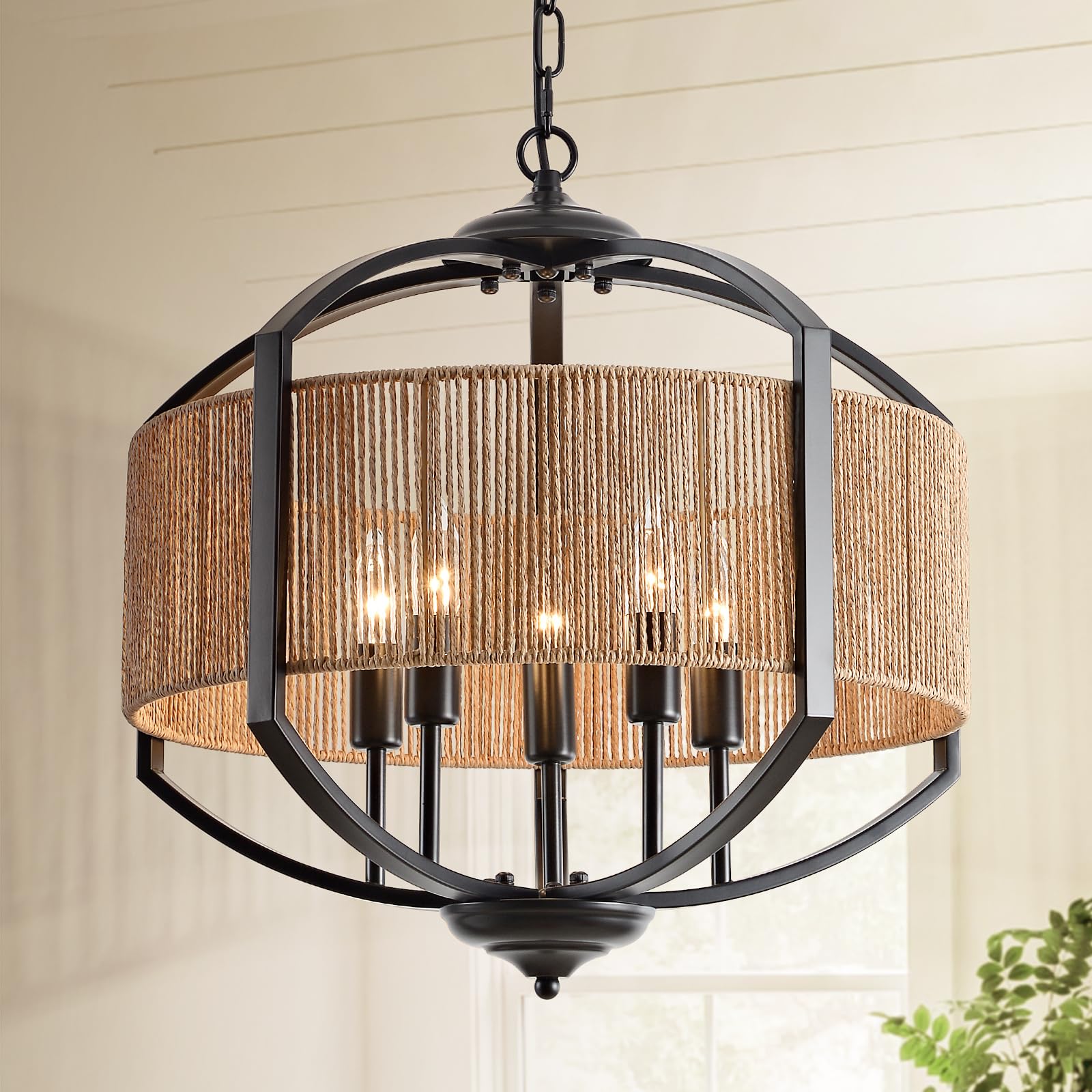 Photo 1 of .***ONE ARM DAMAGED***InterMaka 19.6" Rattan Chandelier 5-Light Modern Farmhouse Black Chandelier for Dining Room