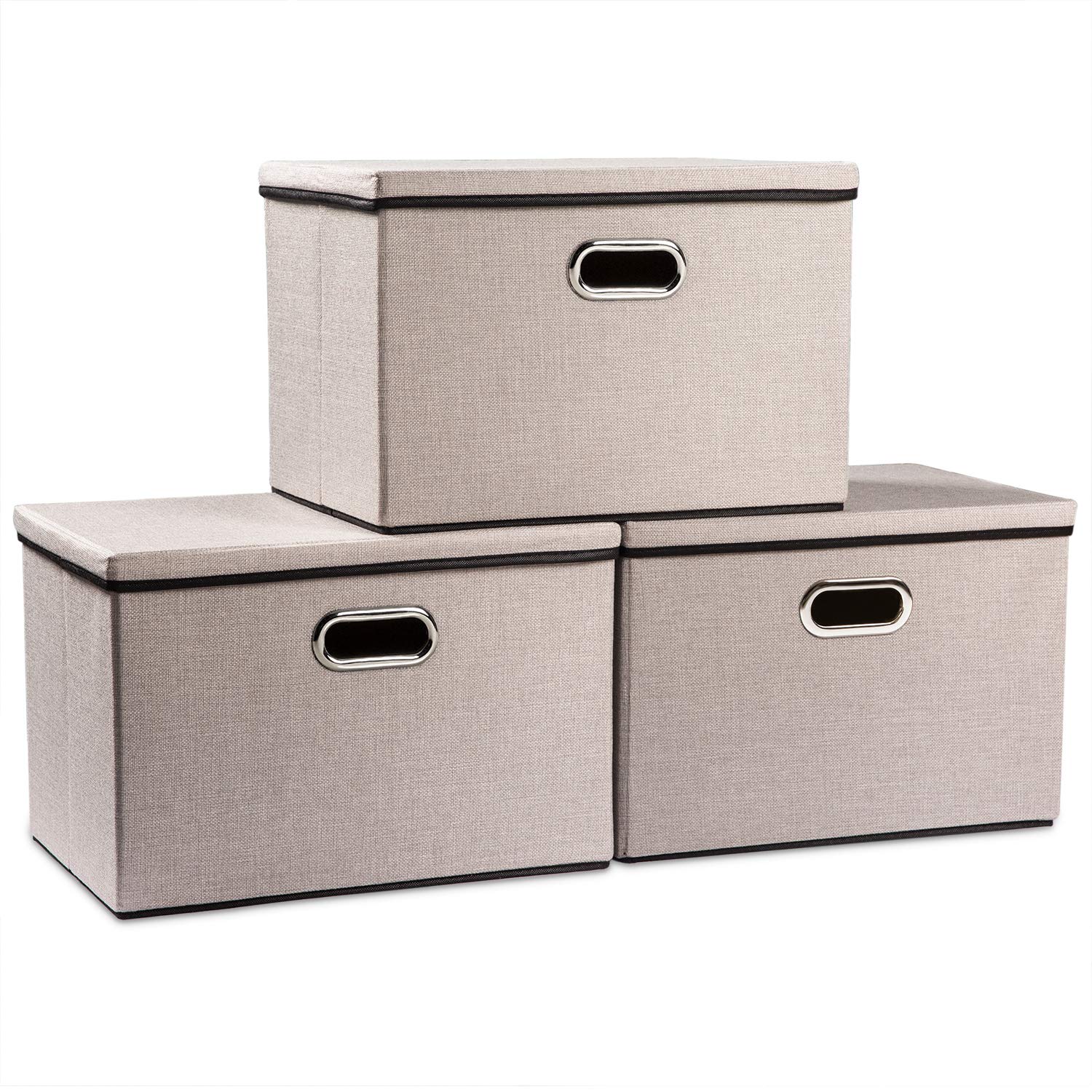 Prandom Storage Boxes with Lids Large,Collapsible Linen Fabric Storage Box,Decorative Bins,Really Useful Box,Clothing Storage,Stackable,45x30x30cm,Light Grey[3-Pack]
