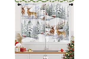 Tayney Christmas Kitchen Curtains Deer Window Short Tier Curtains Over Sink Set of 2, Winter Snow City Xmas Kitchen Decor 26" x 36"