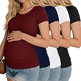 Riyiper 4 Pack Women's Maternity T-Shirts, Cotton Side Ruched Ribbed Maternity Top Scoop Neck Short Sleeve Pregnant Clothes