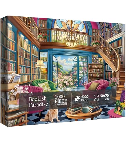 Bunte Bibliotheks-Garten Puzzle 1000 Teile – Motiv Mit Büchern, Katze, Hund Und Blumen Für Erwachsene