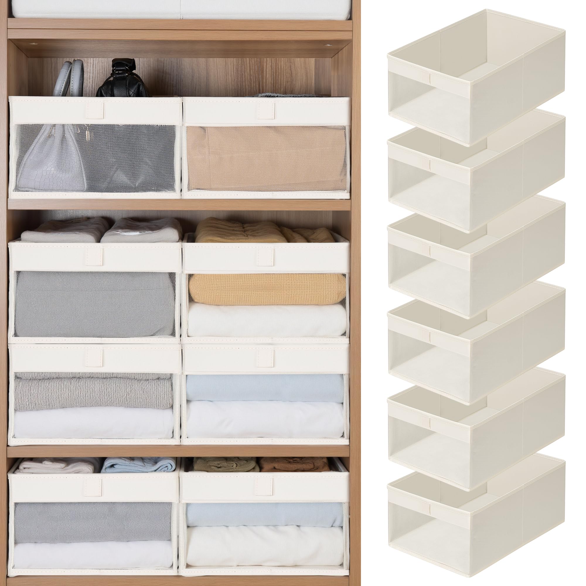 Photo 1 of STORAGE MANIAC 6 Pack Storage Bins with Clear Window, Storage Boxes for Shelves, Sturdy Foldable Closet Organization Fabric Shelf Basket for Toy, Towel, Book, Jeans, Offices, Dorm, Wardrobe, Beige