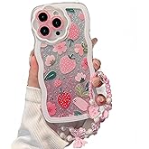 Compatible with iPhone 13 Pro max case, cute wavy edge shell, kawaii strawberry, floral pattern with cute bracelet, made of soft, eco-friendly and durable TPU material, suitable for women and girls