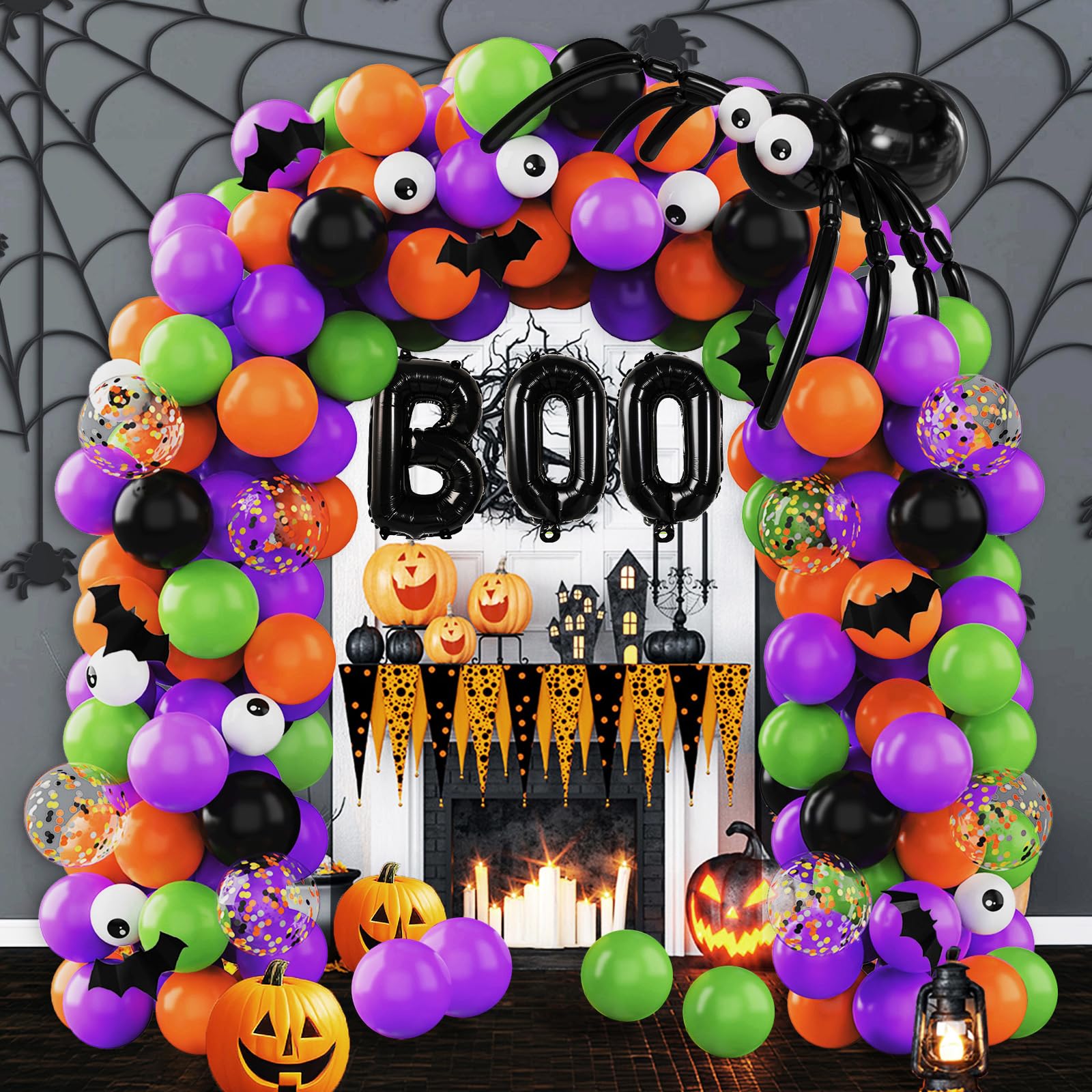 Photo 1 of 114 Pcs Halloween Balloons Garland Arch Kit for Party, 5, 10, 12 and 18 inch Balloons Set for Halloween Decorations Outdoor, Trick or Treat Party, Ghost Party, Spider Horror Theme Party Celebrations