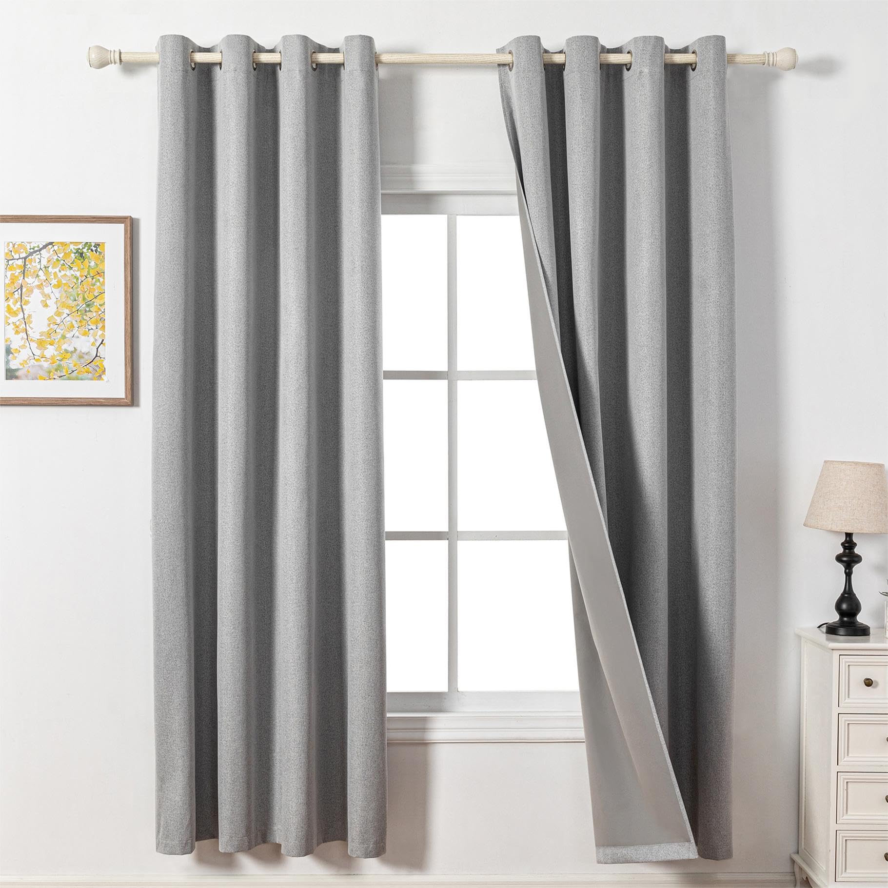 MYSKY HOME Blackout curtains for living room with eyelets, H 200 x W 140 cm, linen look, opaque curtains, heat insulating, cold protection, light grey.