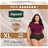 Depend Silhouette Adult Diapers, Incontinence & Postpartum Bladder Leak Underwear for Women, Maximum Absorbency, Extra Large, Black, 48 Count (2 Packs of 24), Packaging May Vary